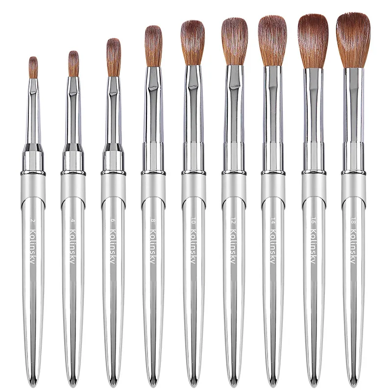 100% Pure Kolinsky Nail Brush Silver UV Gel Polish Nail Art Extension Builder Manicure Nail Pen Painting Drawing Brushes 6