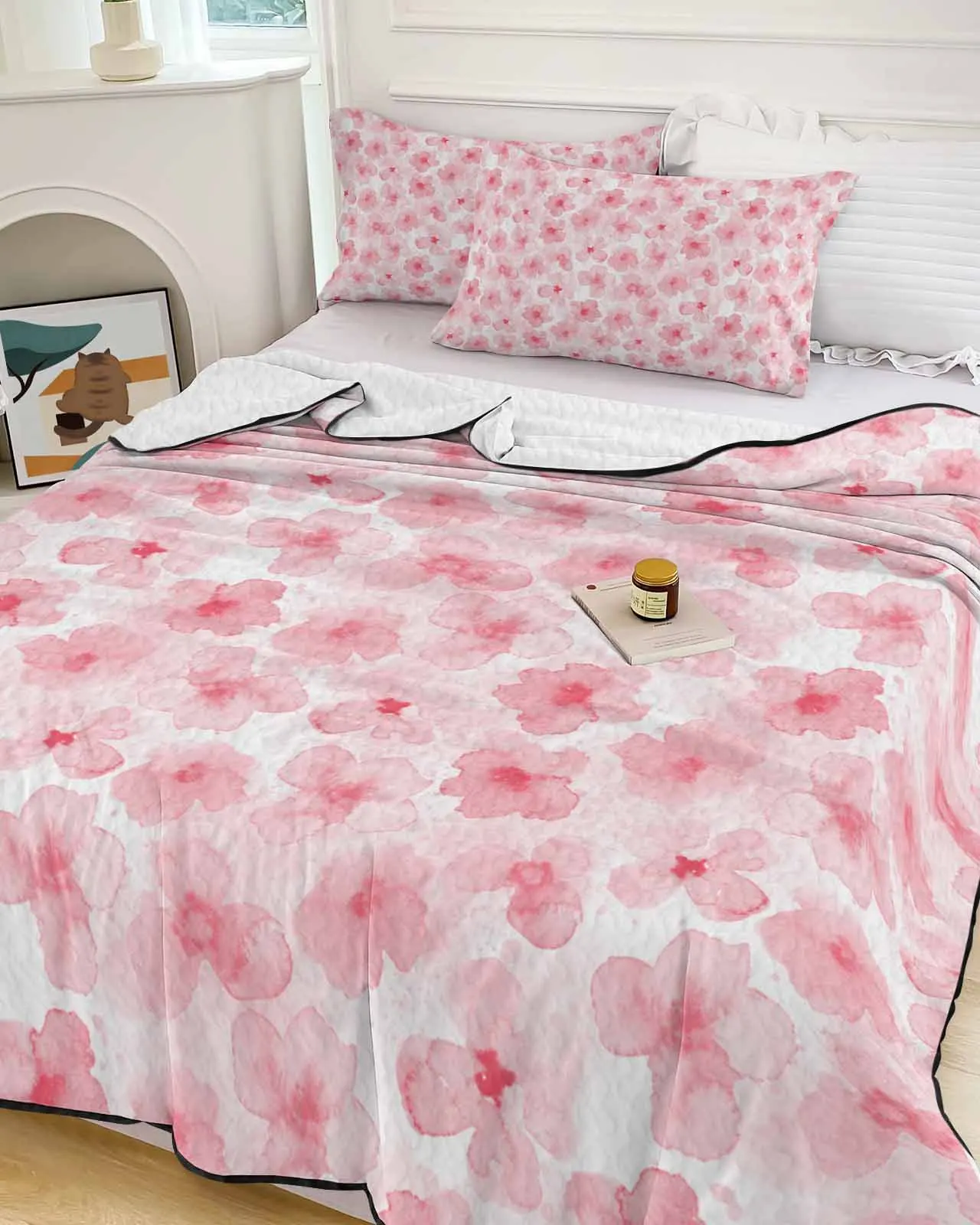 

Pink Watercolor Floral Texture Summer Cooling Quilt Air Condition Blanket Comfortable Lightweight Bedroom Thin Quilt