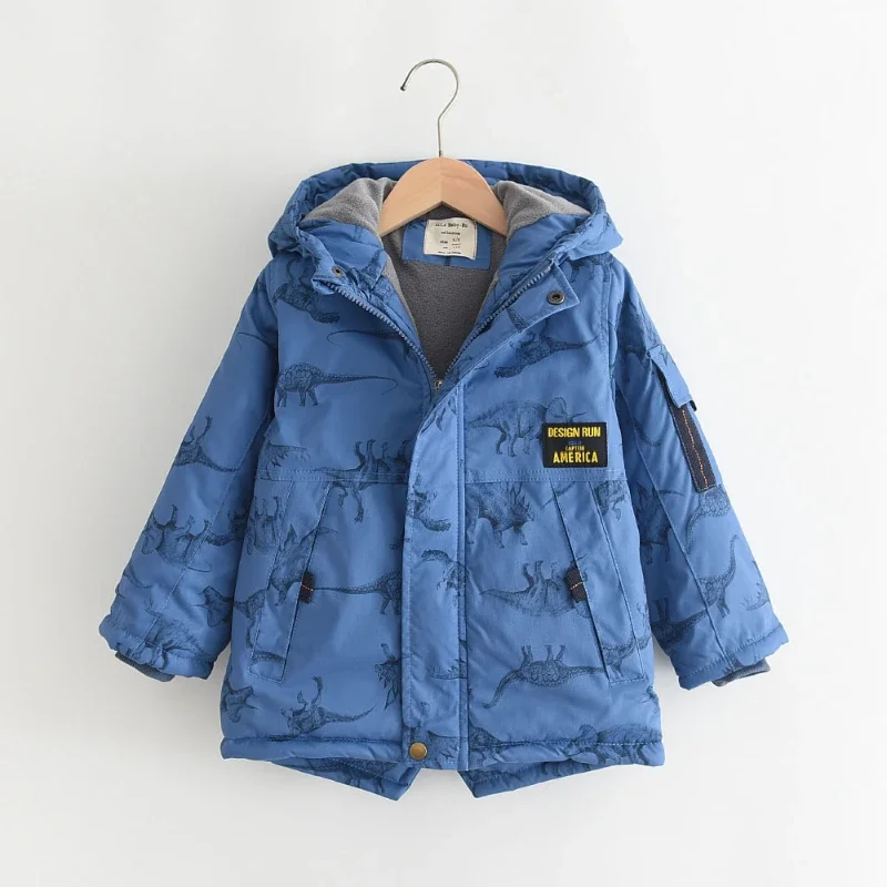 Dinosaur Printed Boy Plush Coat Thick Hooded Cotton Kid Jacket for Girl Winter Cloth for Boy Пальто Для Девочки Пуховик Женский