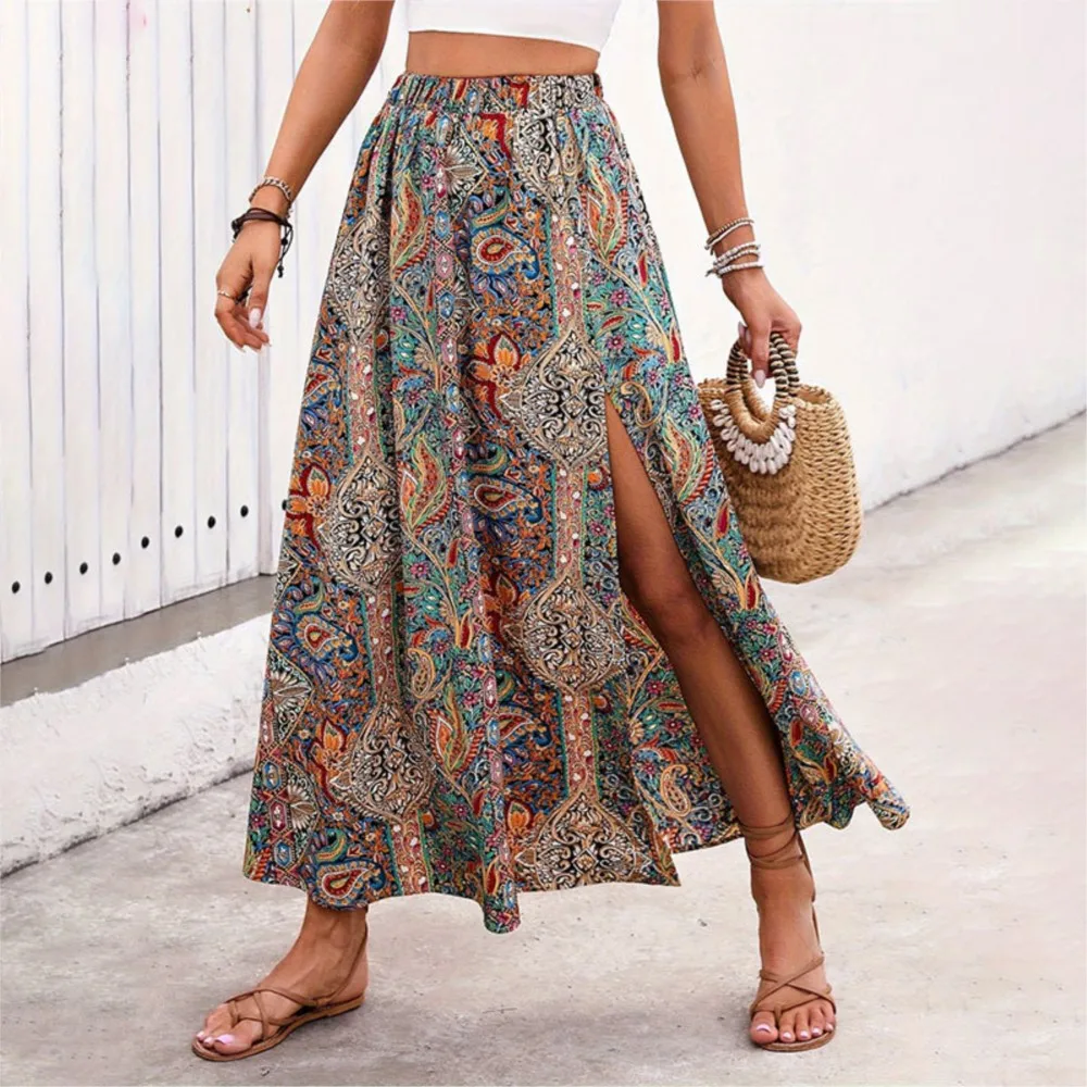 Ethnic Style Personalized Printed Slit A-line Skirt For Spring And