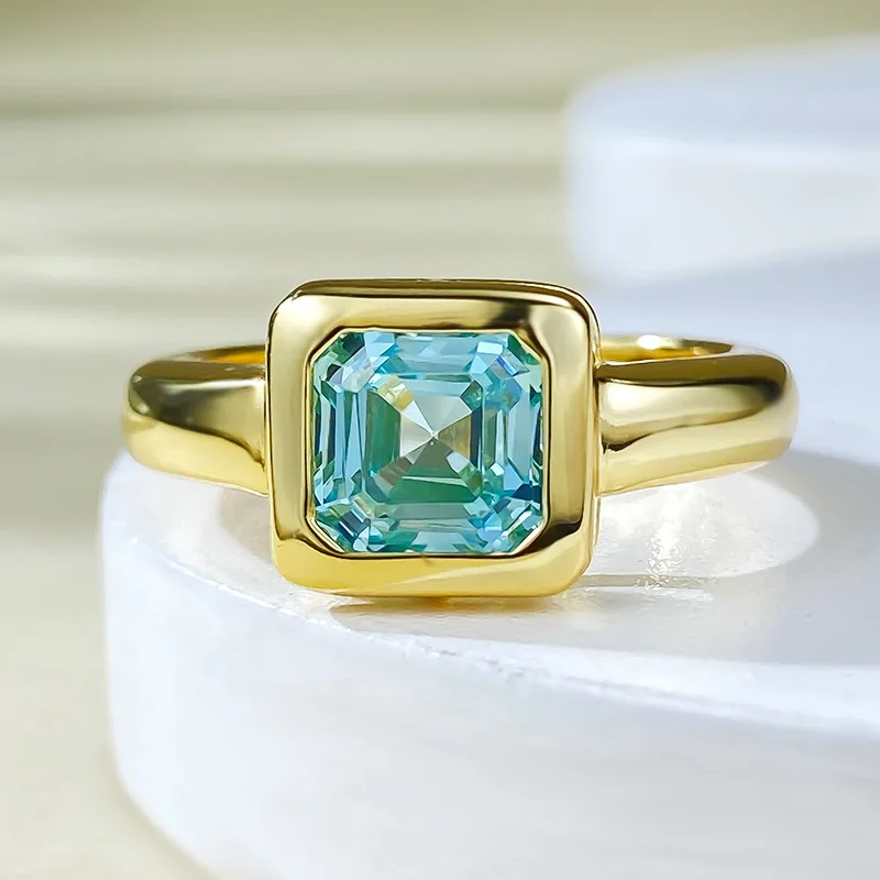 2023 New Simple S925 Silver Ascut 7 * 7mm Sea Blue Ring Ring Simple Europe and America