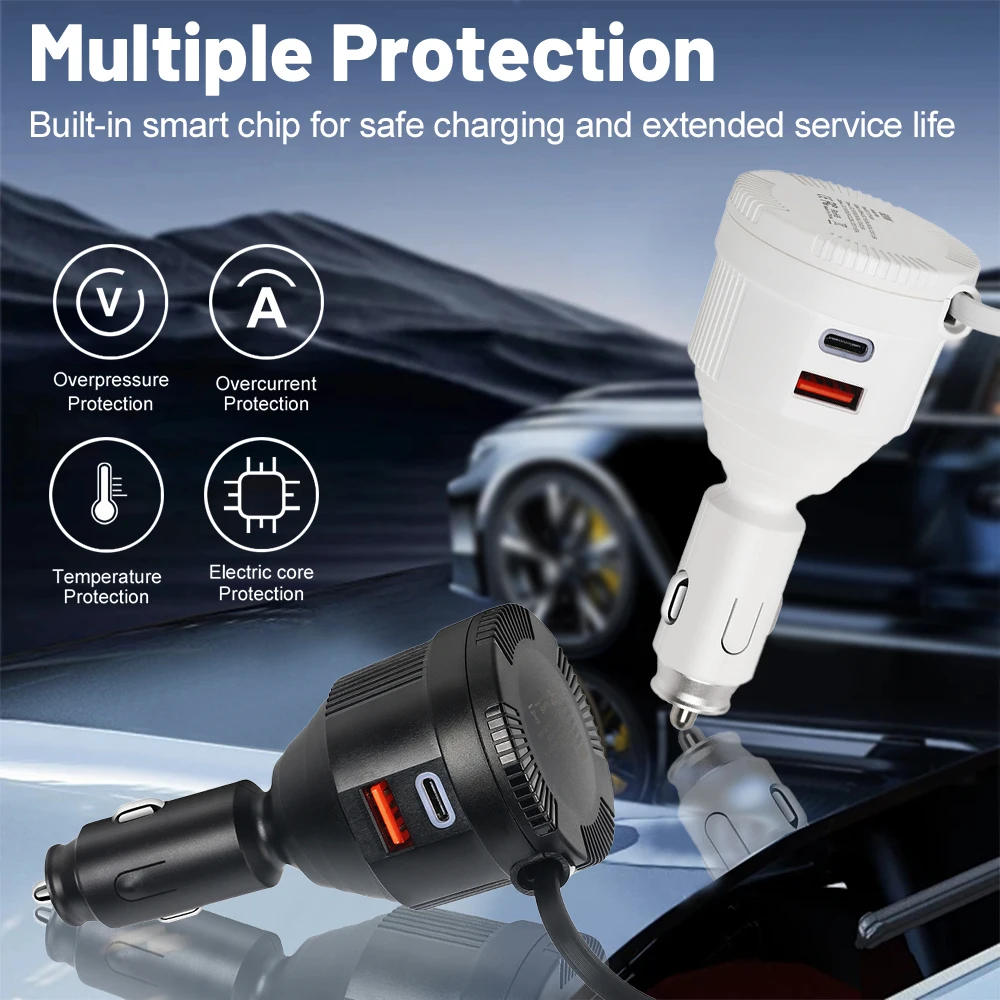 68W Power Adapter USB C Cable Retractable Charger Adapter USB PD Multifunctional Car Charger for iPhone Samsung Phone