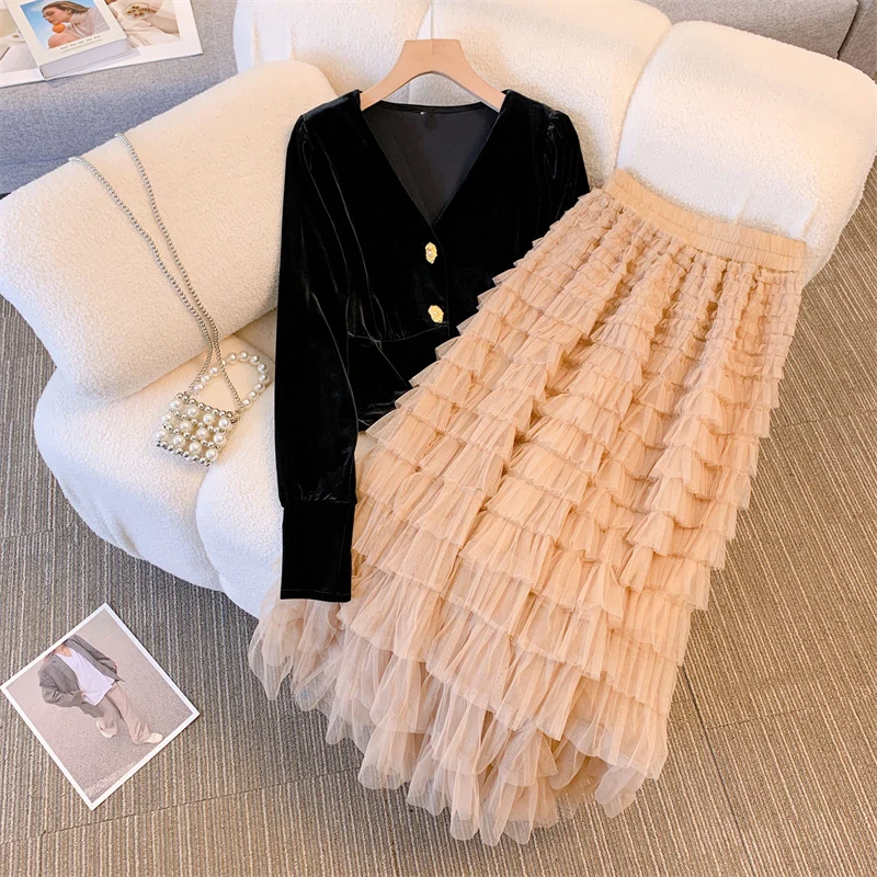 

WIGADFHK Korean Fashion Three-dimensional Flower High Waist Skirt Loose Puff Sleeve Velvet Top Sweet Dress Two-piece Dress