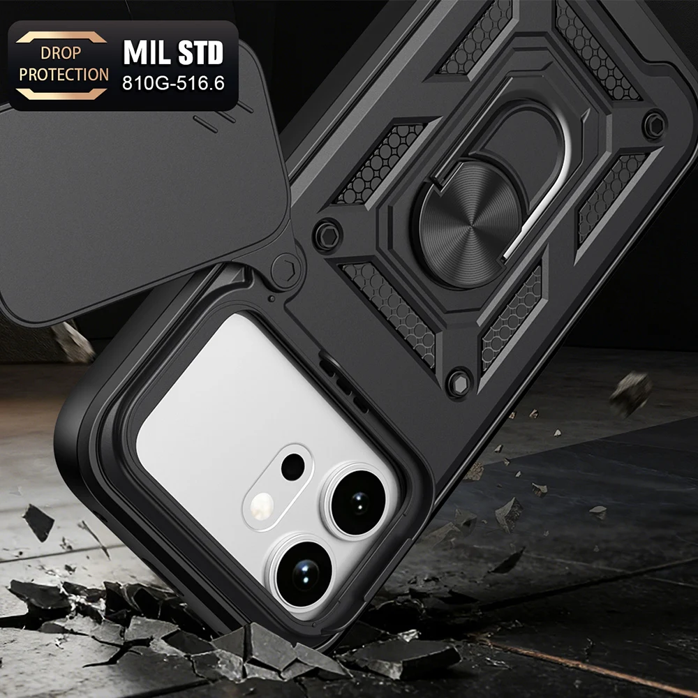 Shockproof Slide Camera Cover with Ring Stand Holder - Protective Phone Case