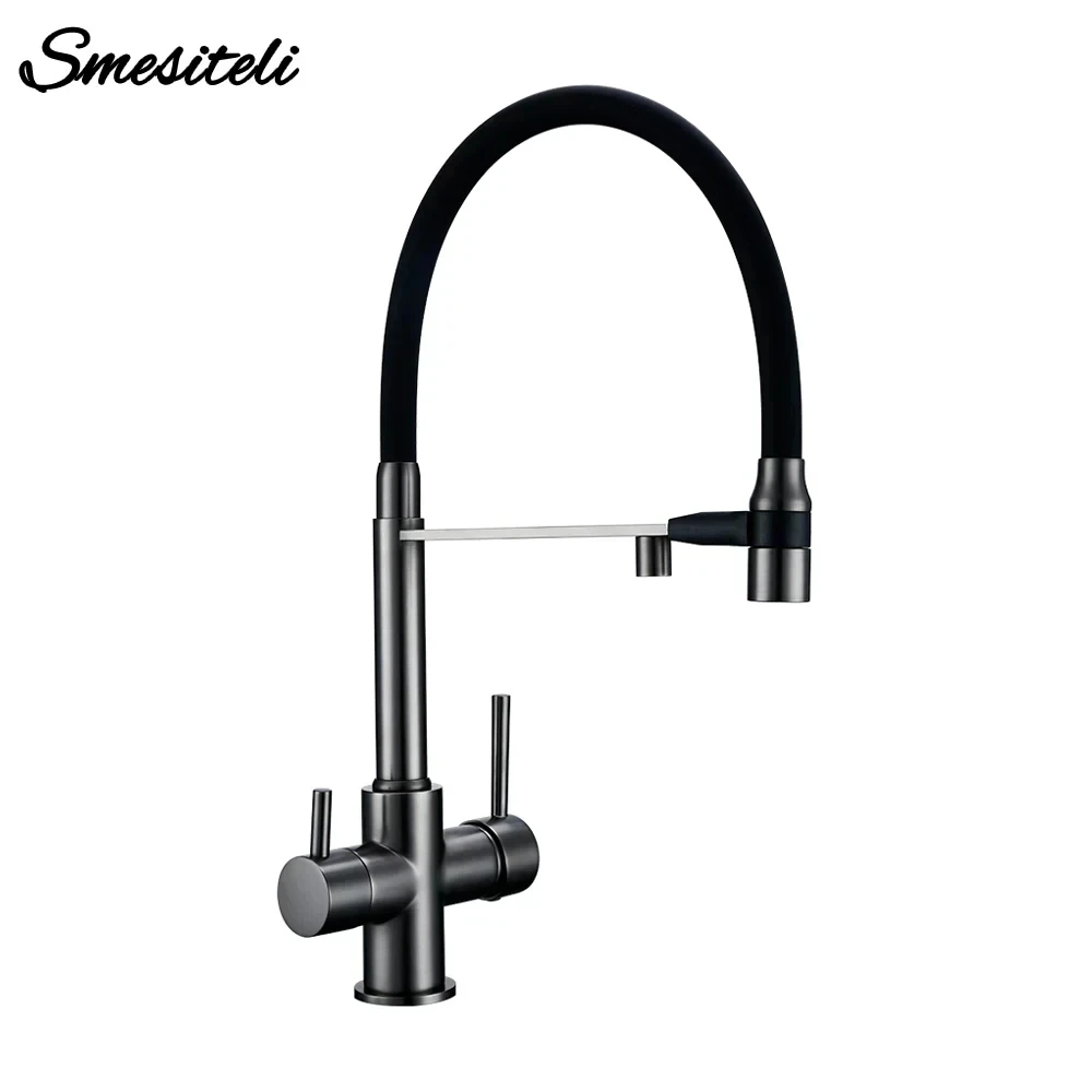 Kitchen Sink Faucet Set Gunmetal Kitchen Faucet Brass 3 Ways Sink Mixer Black Hose Mount Pull Out Dual Spray Nozzle Water Kitchen Taps