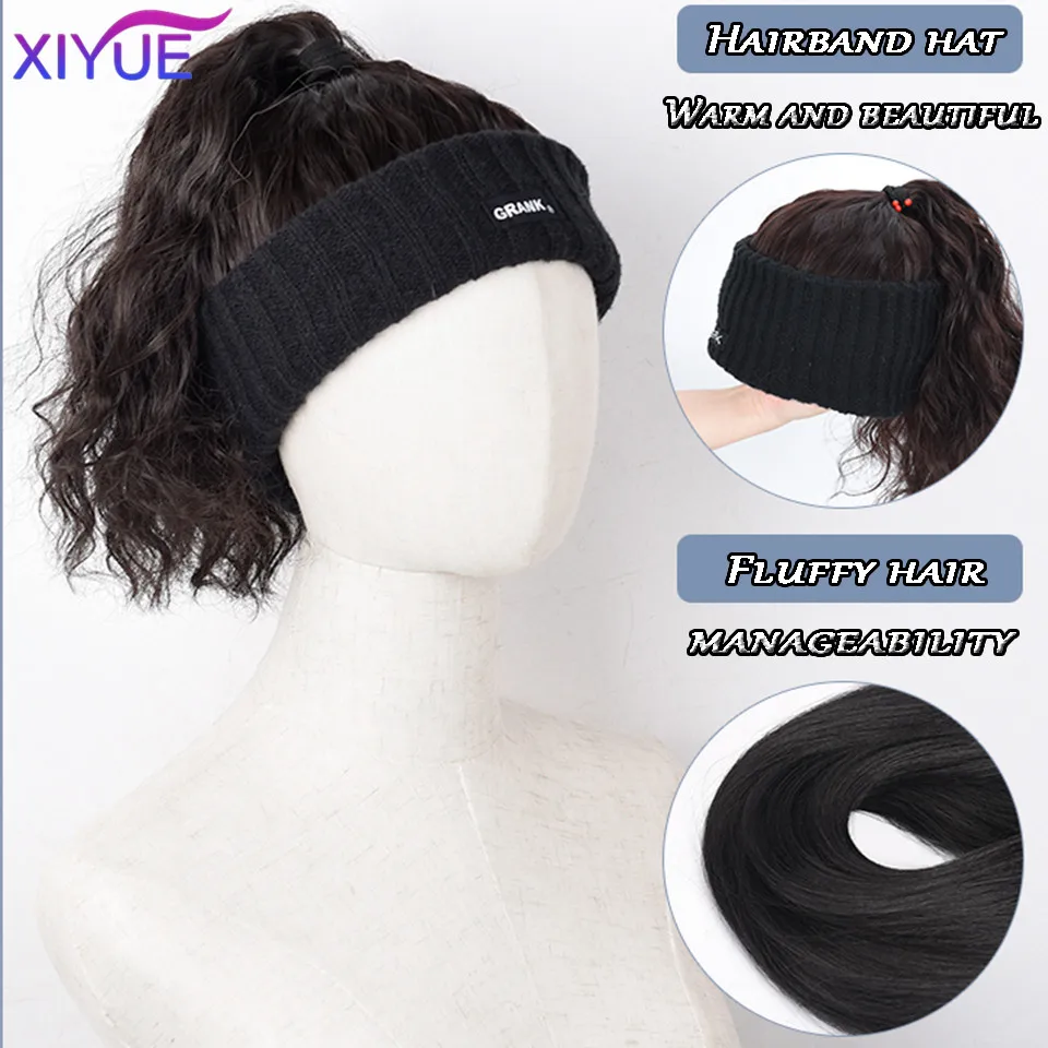 XIYUE Hat and wig integrated for women's autumn and winter warmth sports headbands tie hair curly hair high ponytail wig