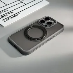 Rotatable Ring Holder Wireless Charging MagSafe Phone Case with Alloy Lens Bumper Armor Cover - iPhone 15 Plus (GRAY)