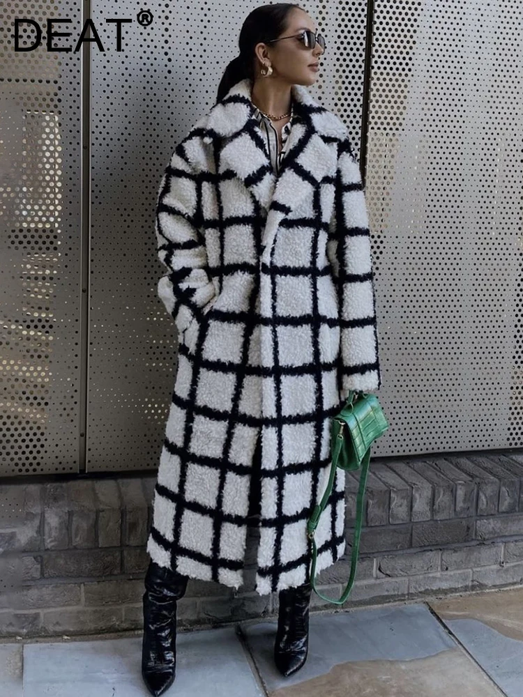 

DEAT Fashion Women's Lamb Wool Coat Lapel Plaid Pockets Covered Button Thick Loose Warm Overcoat Female Autumn 2023 New 7AB410