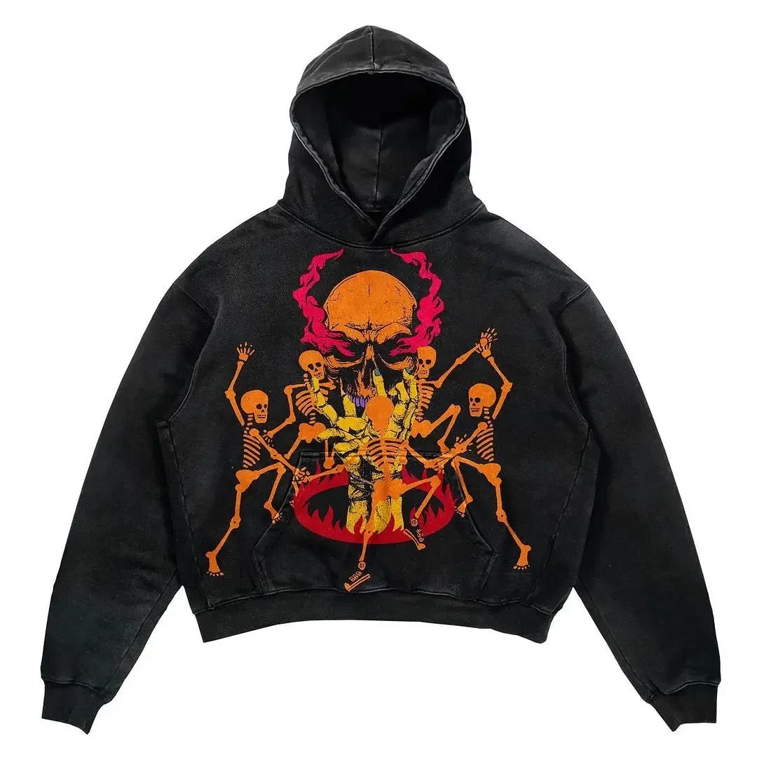 Y2K2023 European and American premiere high street skull print black hoodie men's and women's pullover hooded long sleeved top