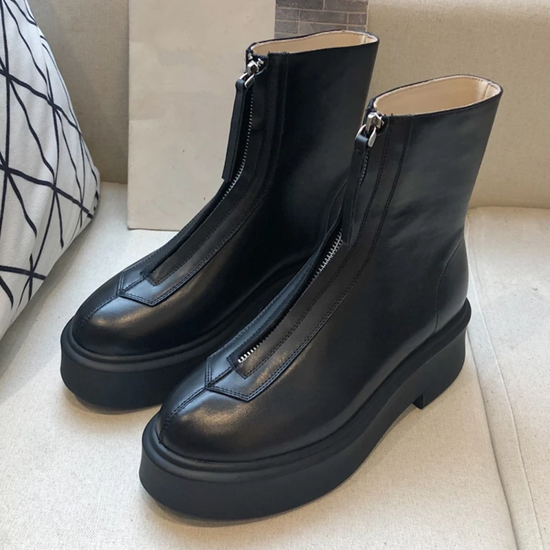 

High quality cowhide flat women's boots Leather ankle boots Black platform