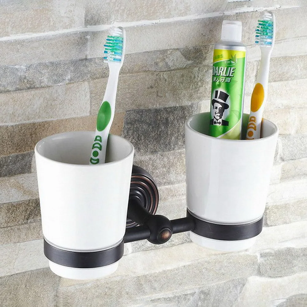 

Oil Rubbed Bronze Wall Mounted Dual Cup Holder Toothbrush Holder W/ Two Ceramic Cups Nba118a