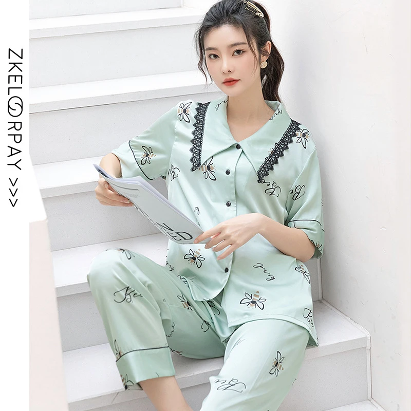 ladies pajama New ice silk pajamas women's high-end thin short-sleeved trousers silk lace pajamas for women cotton pjs