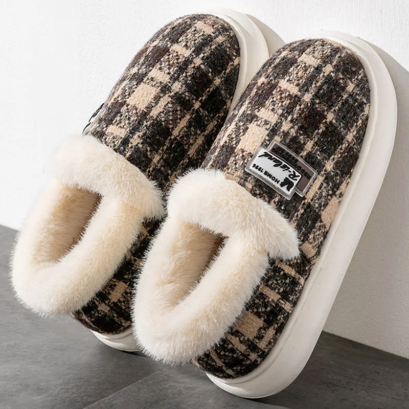 Plaid Thick Botton Cotton Padded Shoes Women Indoor Non Slip Platform Plush Slippers Woman Outdoor Thicken Warm Snow Boots 45