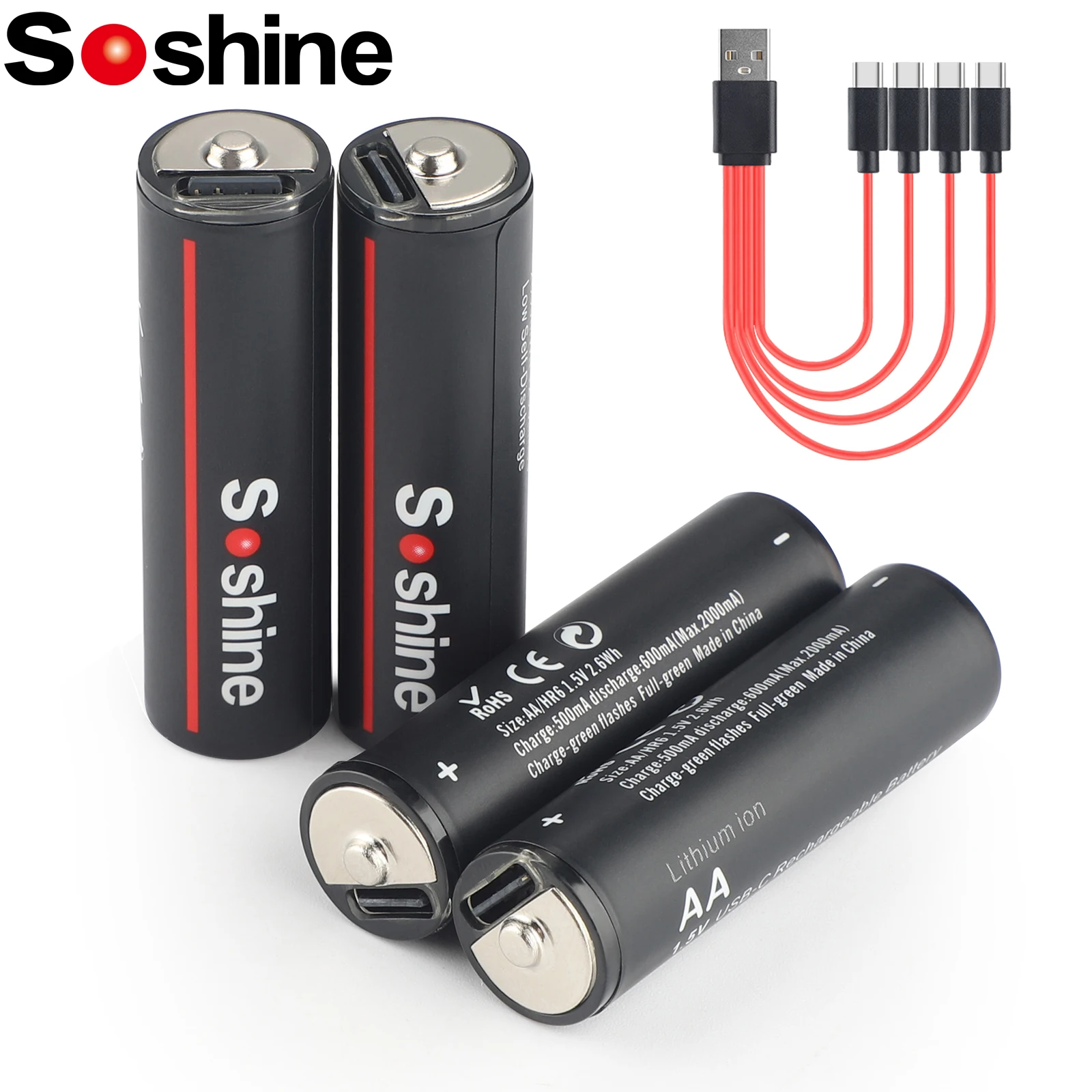 Soshine USB AA 2600mWh Lithium Batteries 1.5V 2600mWh Li-Ion Rechargeable Battery with 4-in-1 USB Cable for Remote Control Mouse