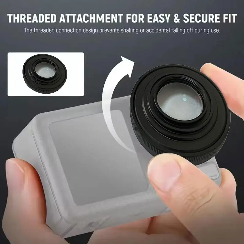 Objectif Grand Angle 185° Fisheye pour DJI Action 6 posé sur une surface, avec le logo DJI visible sur le côté.