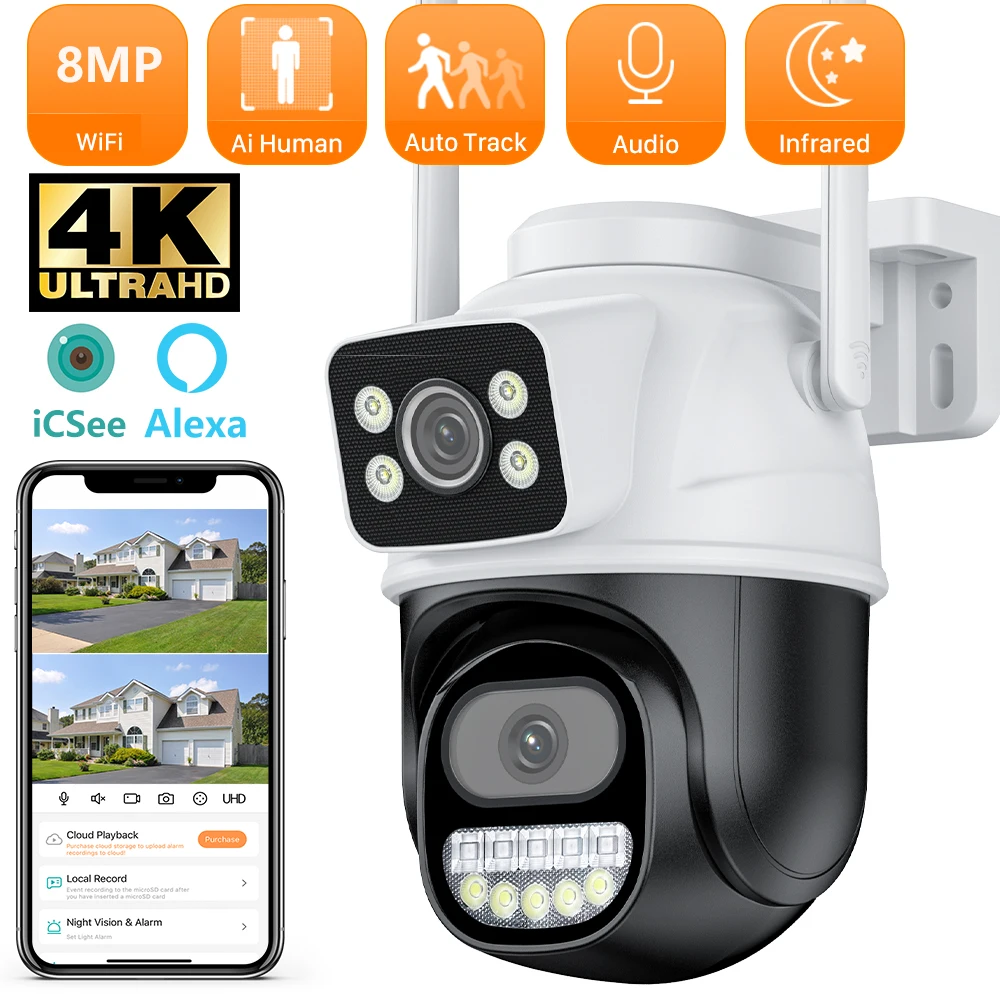 

PANEPO 8MP PTZ WIFI Camera 4X Digital Zoom Dual Lens Dual Screen Ai Human Detect Auto Tracking Outdoor Surveillance Camera