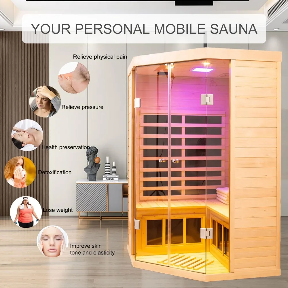 2-3 Person Low EMF FAR Infrared Sauna, Hemlock 2 Door Luxury Toughened Glass Indoor Saunas For The Home, 1520w, App & LCD 5