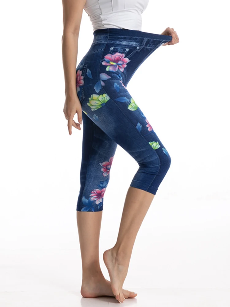 YSDNCHI Blue Faux Jeans Workout Women Push Up Gym Butterfly Printed Leggings Sport Leggin Stretchy Short Pants Hot Sale Capris nike leggings