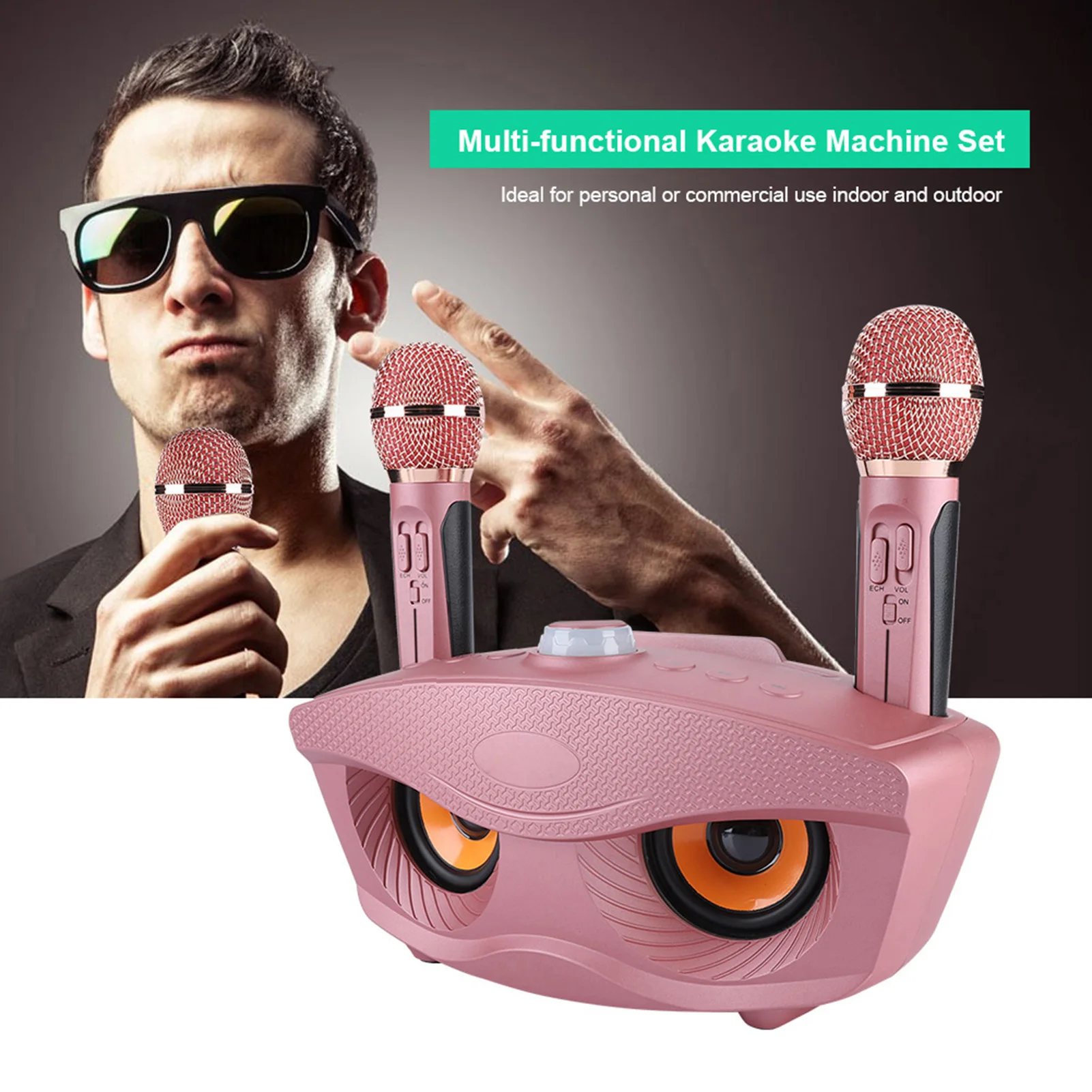 Home Karaoke Karaoke Machine Speaker Wireless Bluetooth Speaker Machine Home 2 Mircophones FM Radio Rose Gold