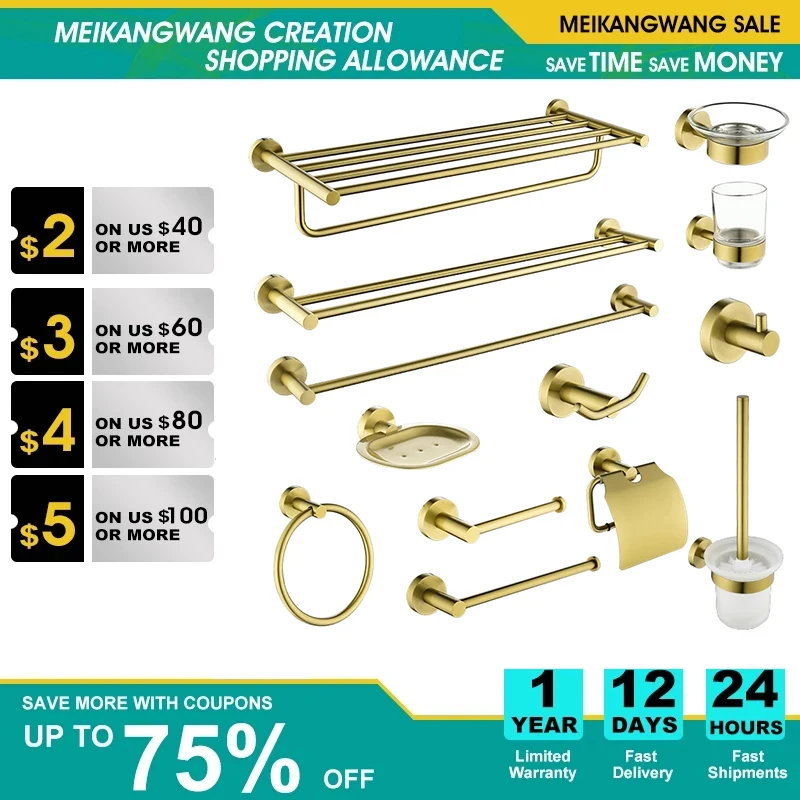 

Brushed Gold Bathroom Hardware 304 Stainless Steel Towel Rack Toilet Paper Holder Liquid Soap Dish Towel Bar Toilet Accessories