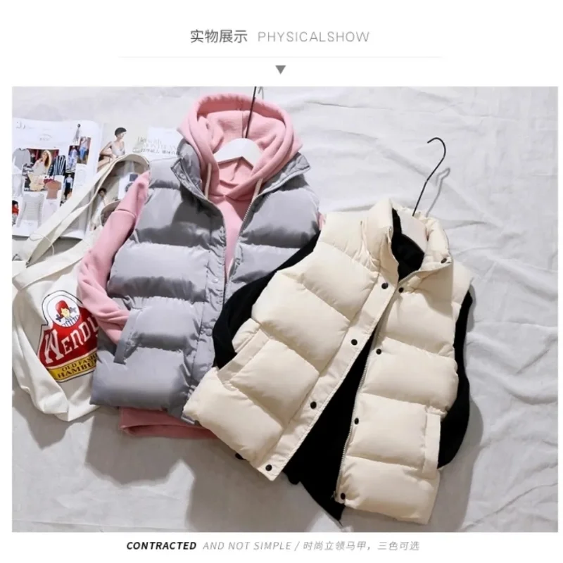Women Winter Warm Cotton Padded Puffer Vests Sleeveless Parkas Jacket Casual Stand Collar Short Down Cotton Waistcoat