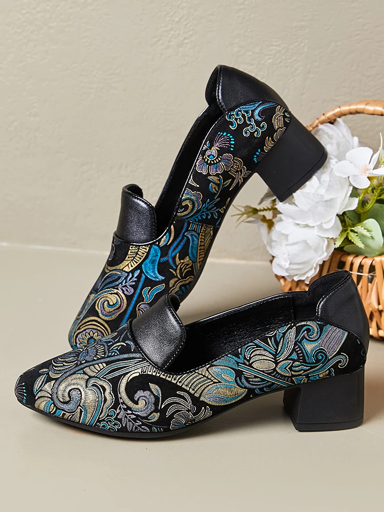 

Birkuir Thick Heel Shoes For Women Retro Genuine Leather Loafers High Heel Pointed Toe Female Printing Pumps Elegant Lady Shoes