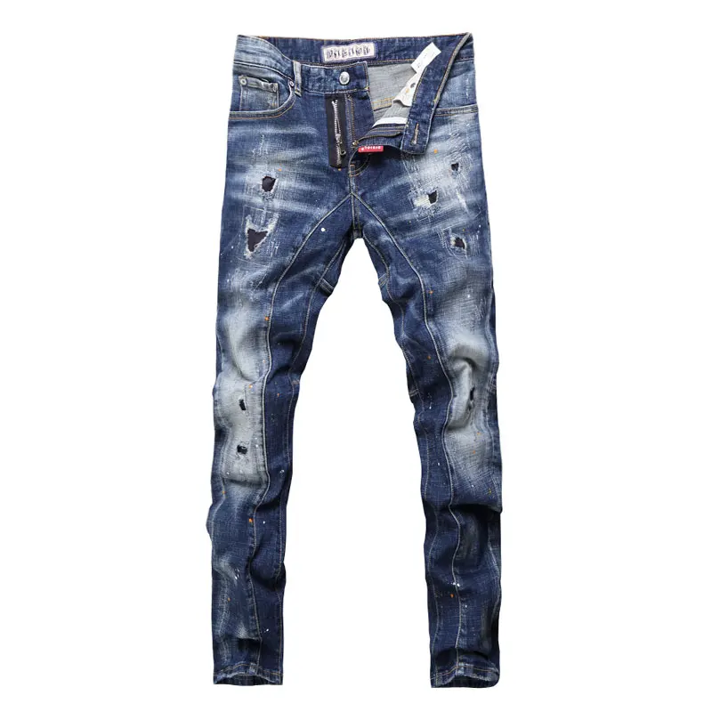 Street Fashion Men Jeans Retro Blue Slim Fit Spliced Designer Biker Jeans Homme Hip Hop Hole Ripped Pants Men Vintage Trousers
