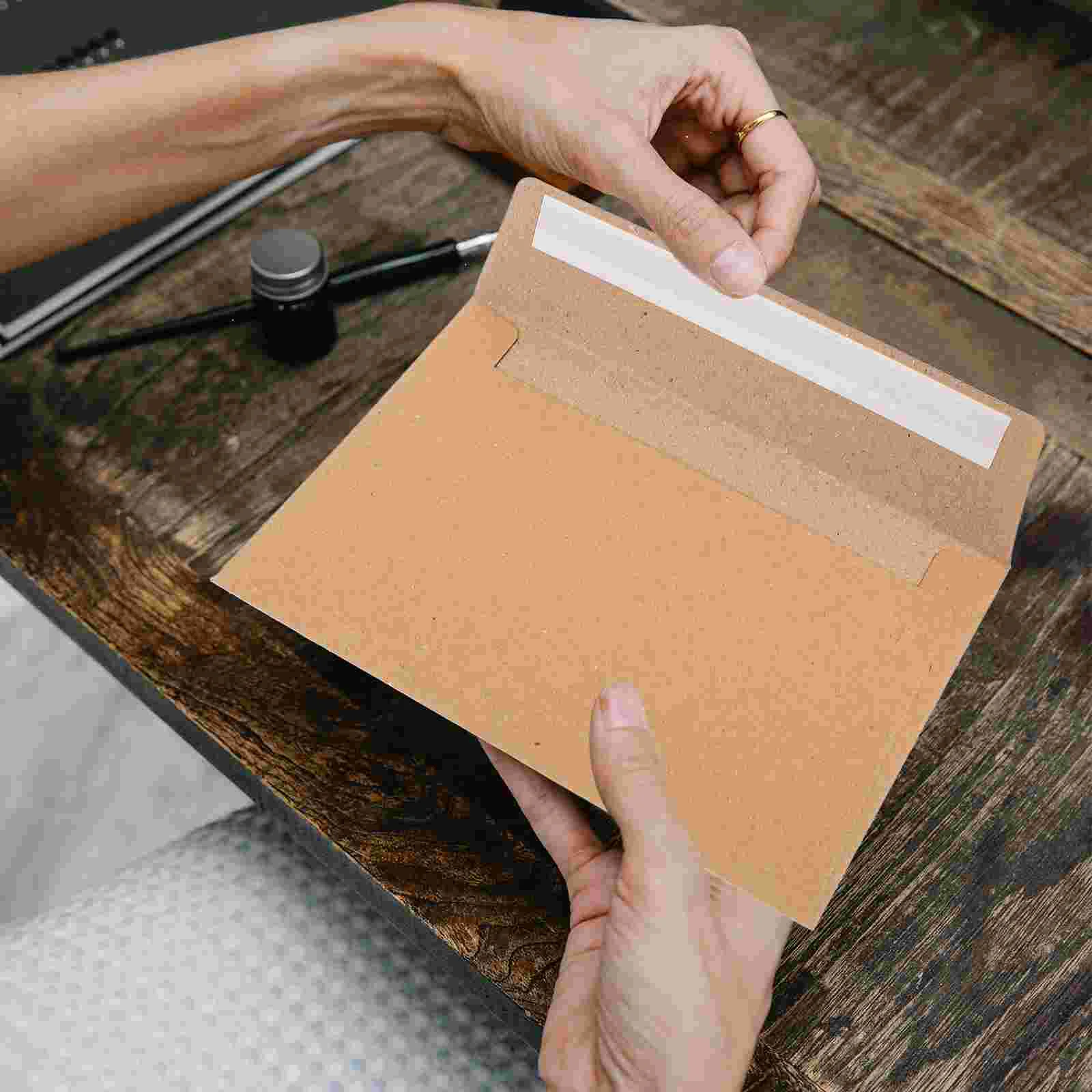 50pcs A4 Printable Self Adhesive Wedding Invitation Envelopes Brown Kraft Paper Elegant Design Storage Party Cards Mail