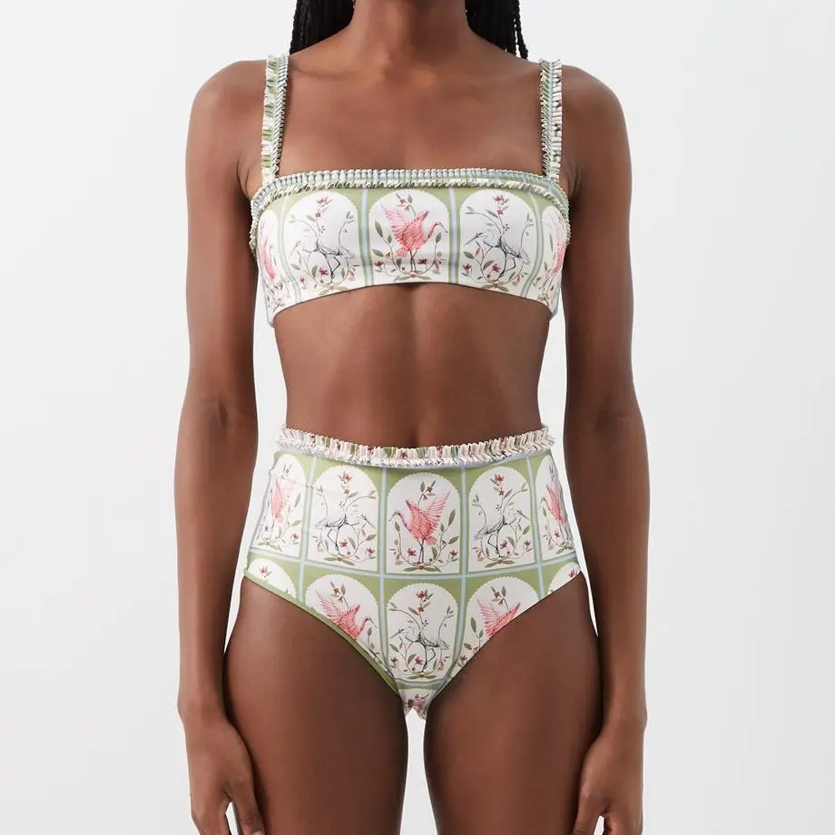 

Fashion 2023 New Flamingo Print Sling Bikini Sexy High Waist Cut Slim Beachwear and Chiffon Cover Up Vintage Elegant Swimwear