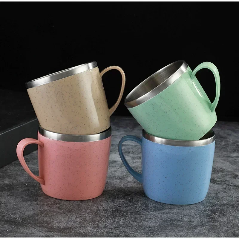 Hot Stainless Steel Cups With Handle, Double Layer Anti-scalding Wheat Straw Small Water Cup, Office Coffee Milk Tea Drink Mugs