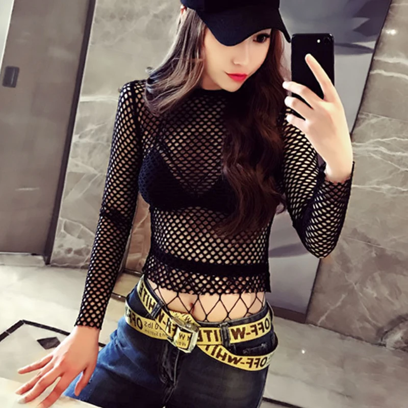 Goth Black Skinny Mesh Top | Long Sleeve Crop Top Gothic Turtleneck Streetwear