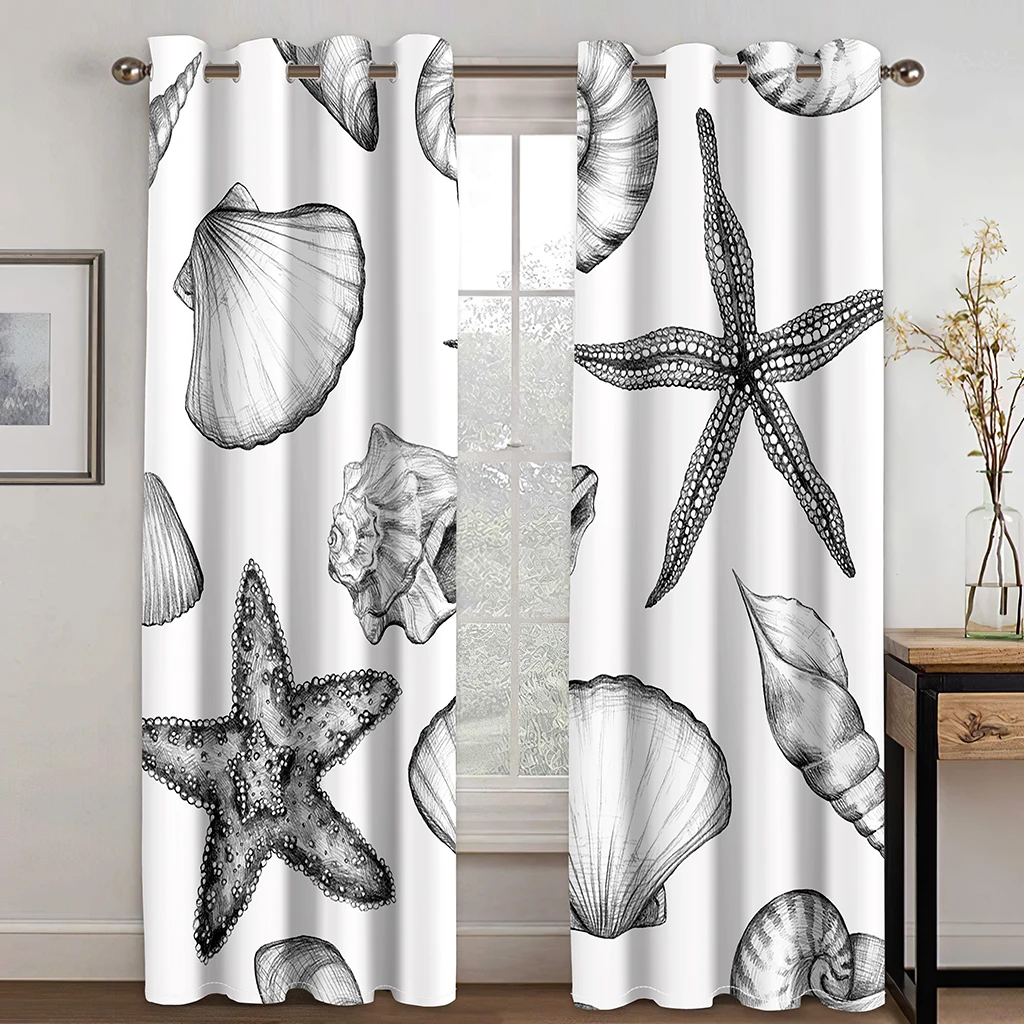 

Beach Window Curtain Nautical Pattern Starfish Shell Sailor Ship Print Window Treatments 2 Panel Set for Living Room Boys