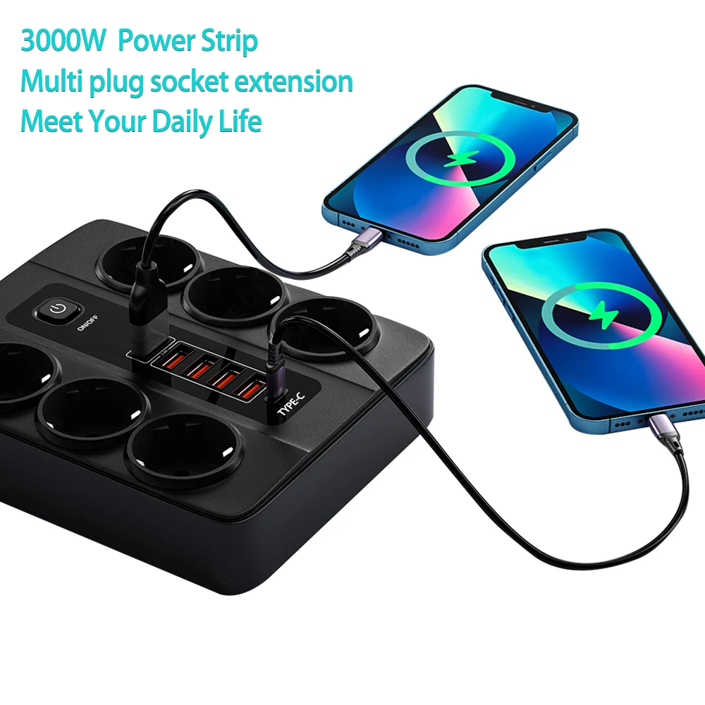 Power Strip 3000W 6 AC Outlets EU Plug USB Type C