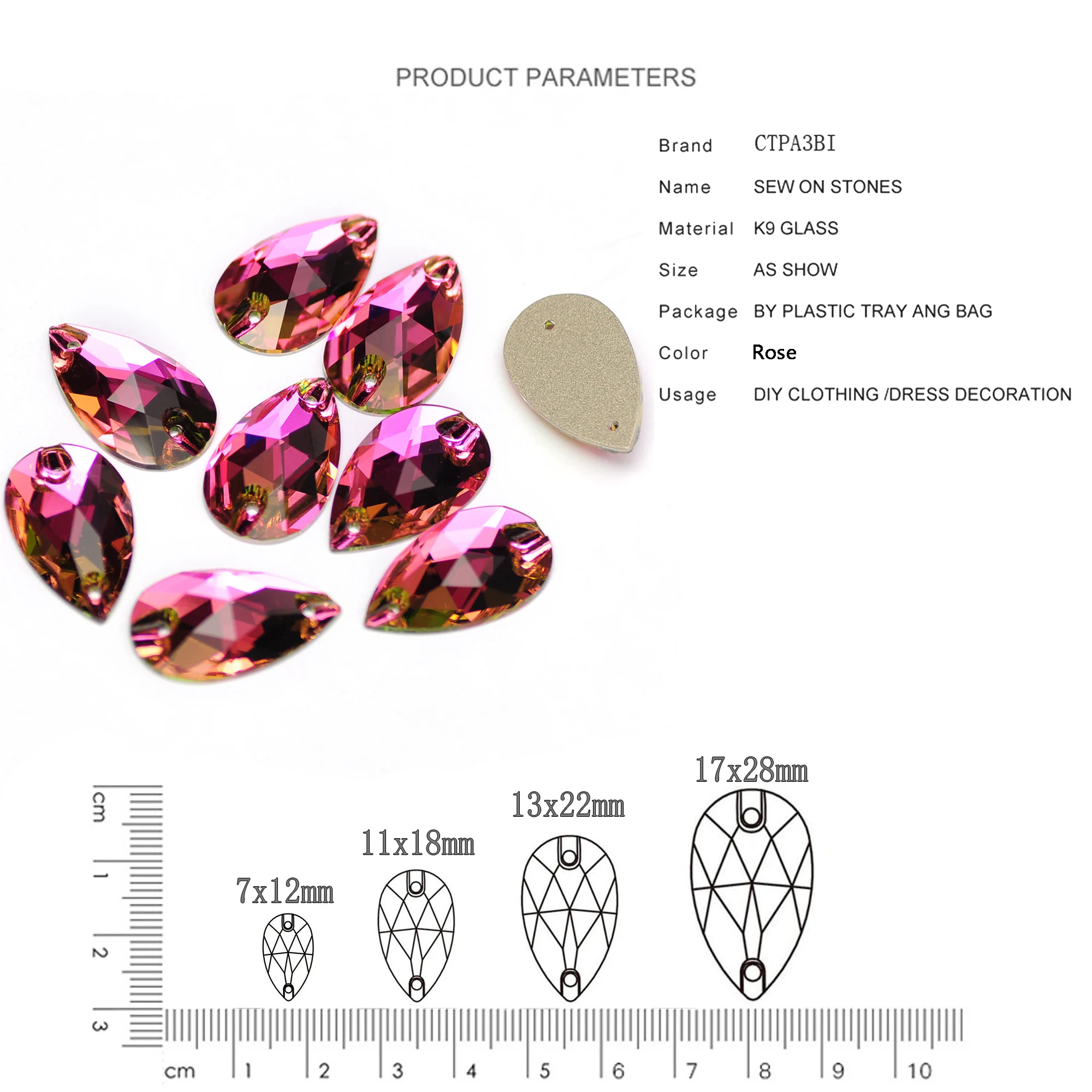 6A hochwertige Strass-Nähsteine, Tropfen-Strasssteine zum Aufnähen, flache Rückseite, Perlen für Kleid, Dekoration, Taschen, Kleidungsstücke, Schuhe – Detail 3