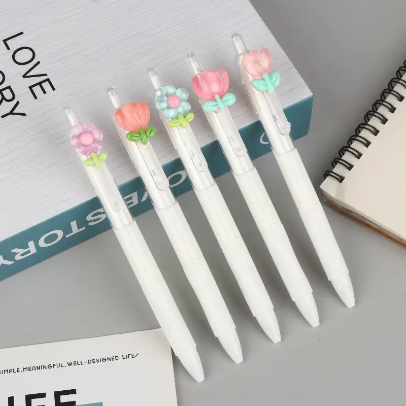 뜨거운 판매 5/10Pcs 귀여운 달콤한 튤립 꽃 젤 펜 빠른 건조 볼펜 0.5mm 검정 잉크 펜 사무실 학교 문구 용품