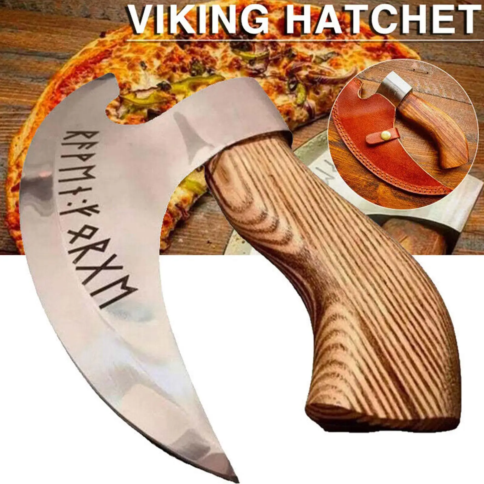 Axe Pizza Cutter Viking Steel With Sharp Blades With Wooden Handle