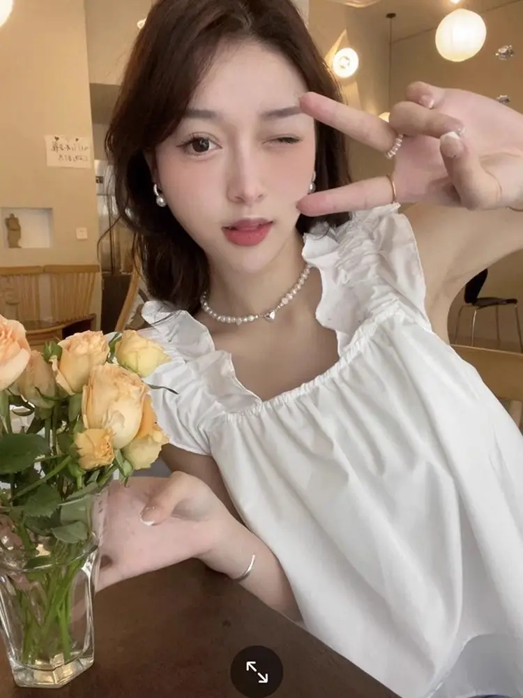 Einfarbig Puppe Ohr Französisch Sommer Neue Ärmellose Koreanische Version Süße Weste Crop Top – Detail 7