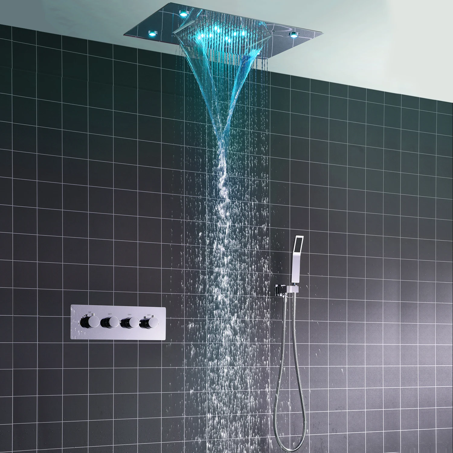 hm Ceiling LED Shower System Large Waterfall Rainfall Showerhead Set Recessed Automatic Color Change Thermostatic Mixer Faucets