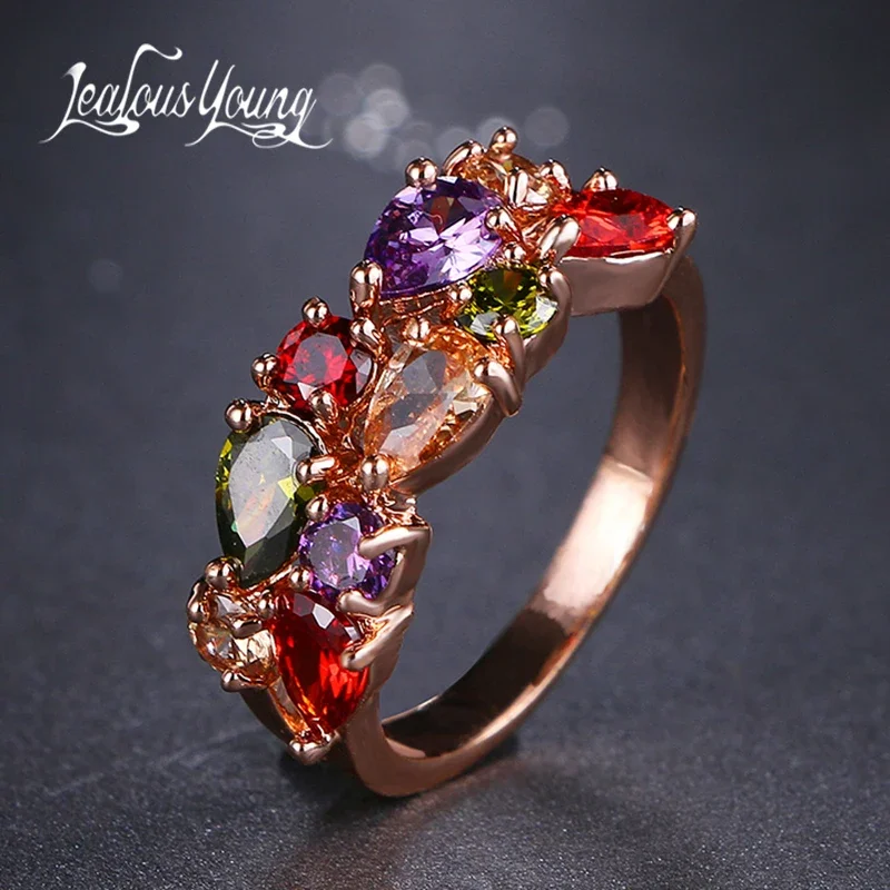 Gold Color Engagement Ring Classic Multicolor Zircon