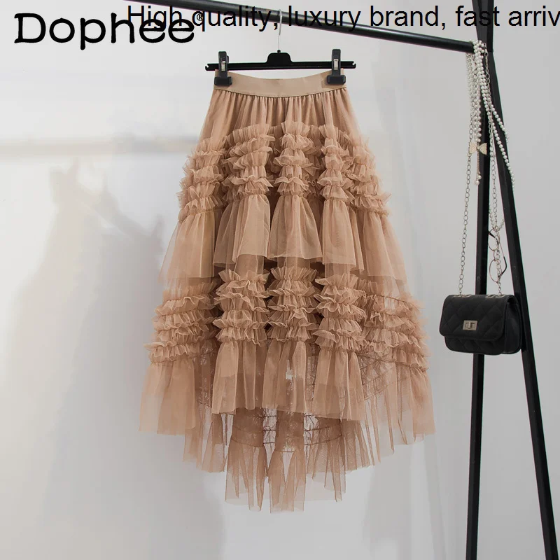 

Long Irregular Mesh Skirts for Women High Waist Ruffles Stitching Mid-Length A- Line Cake Skirt Kawaii Faldas Mujer Moda 2023
