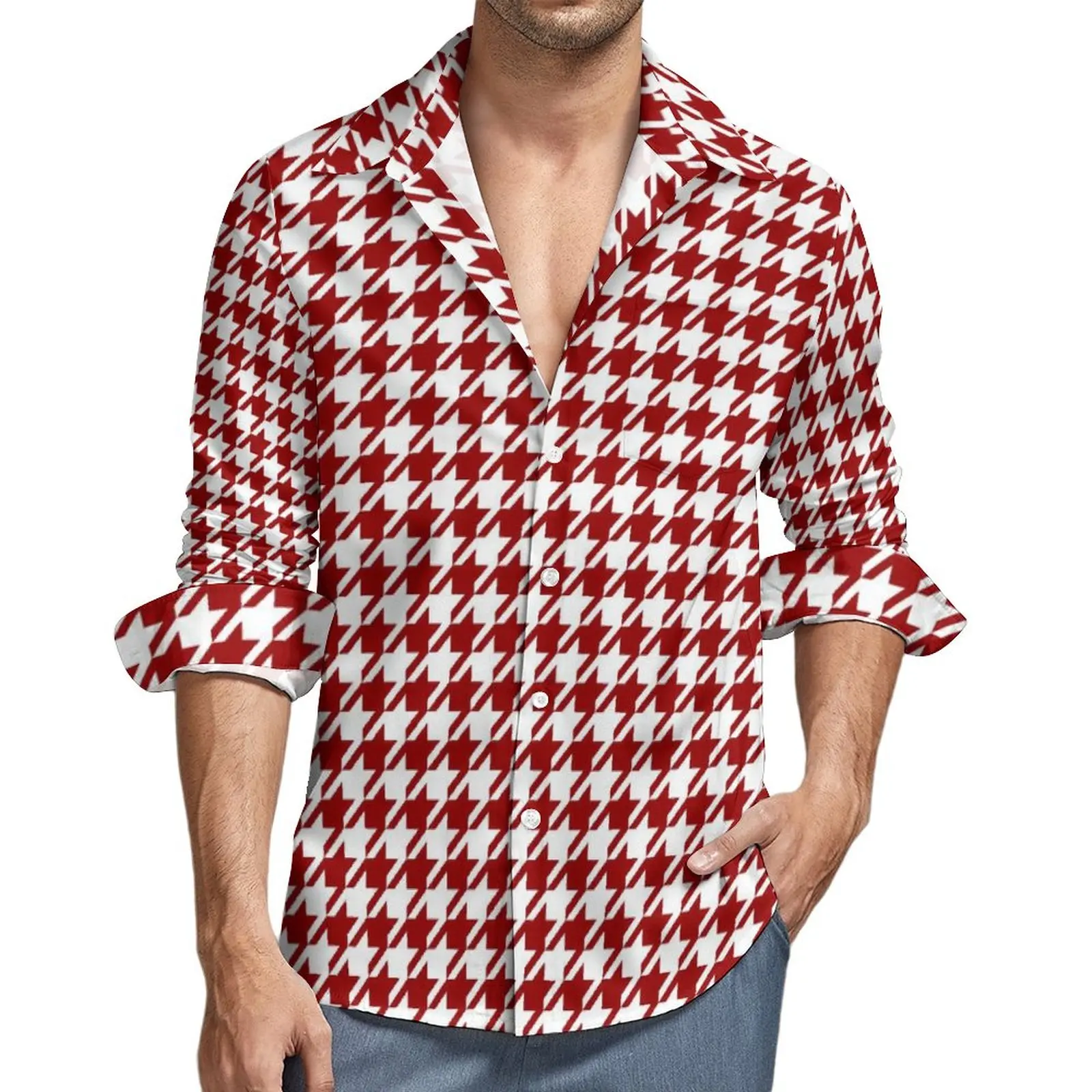 

Houndstooth Shirt Autumn Red And White Casual Shirts Man Retro Blouses Long Sleeve Graphic Streetwear Clothing Plus Size 3XL 4XL
