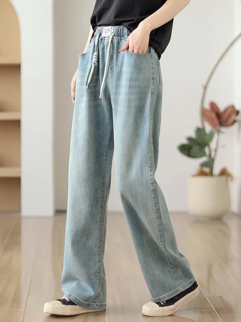 8039 Elastic High Waist Casual Loose Jeans For Women Spring Autumn Straight Drawstring Blue Wide Leg Denim Pants Female Trousers 1