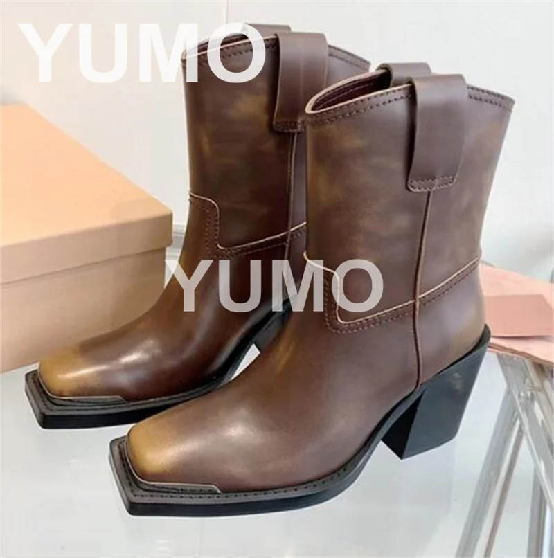 

Женские ботильоны из натуральной кожи, с квадратным носком, без застежки, Короткие ковбойские ботинки для улицы, размер 41, 2023