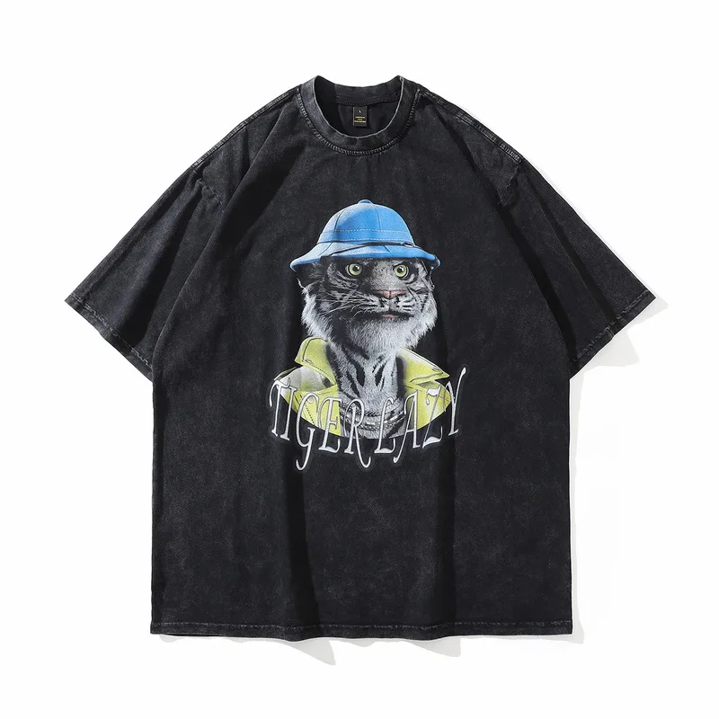 

Hip Hop Streetwear Men T Shirt Female Harajuku Tiger Painted Oversize Vintage Washed Top Tees For Men Women