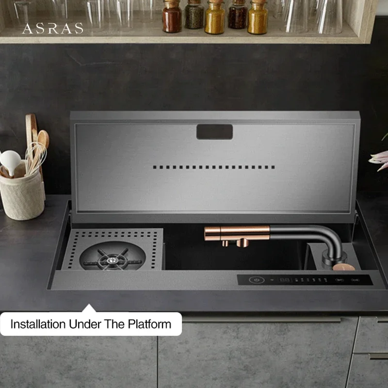 ASRAS Nanometer Flip Cover Hidden Smart Purifying Kitchen Sinks 4mm Thickness Handmade Sink Cup Rinser Kitchen Sinks
