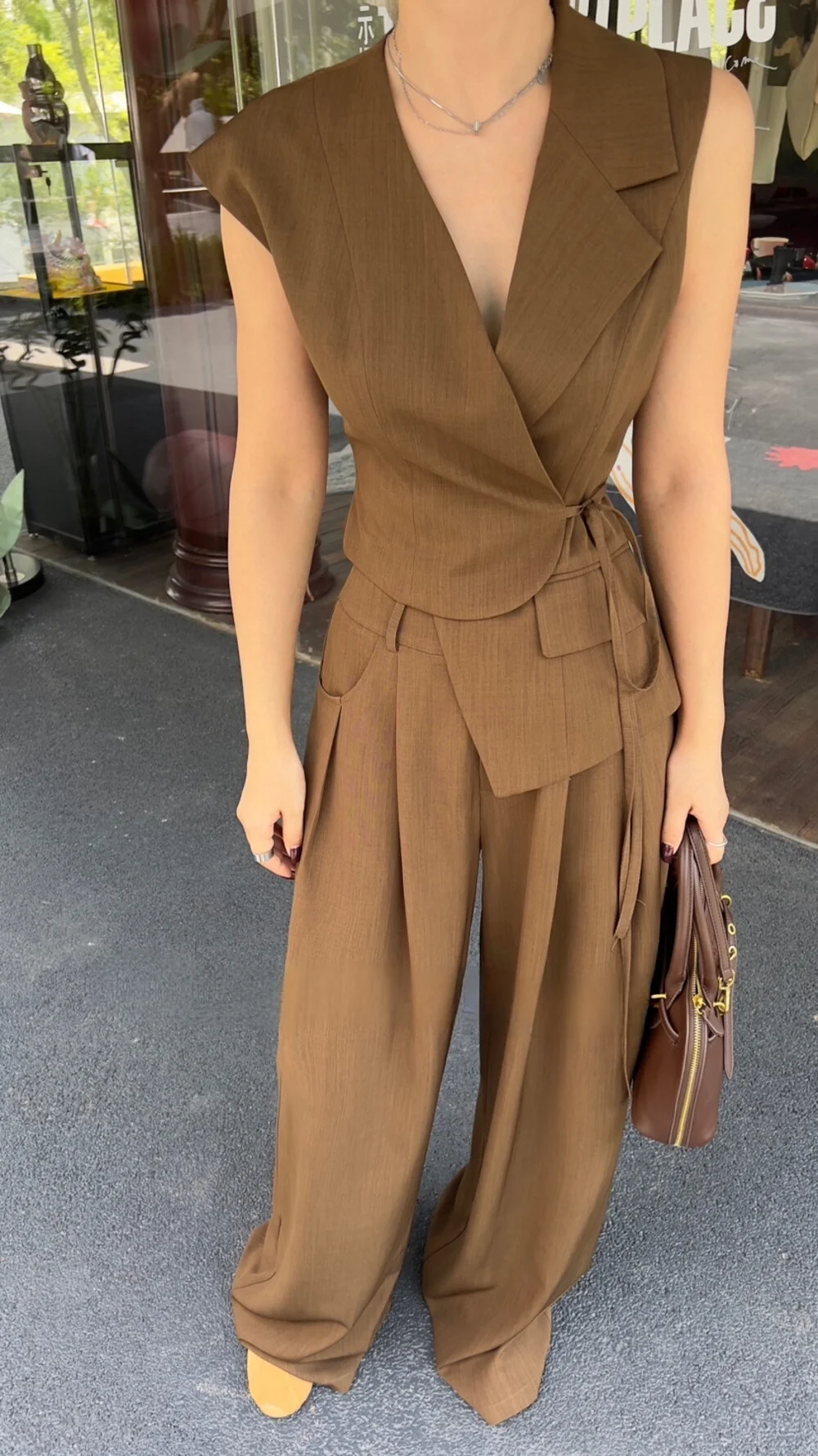 EOEN Design A Sleeveless Lace-up Waistcoat + Straight Pant Suit For Women 2025 Autumn New Fashion Temperament 2