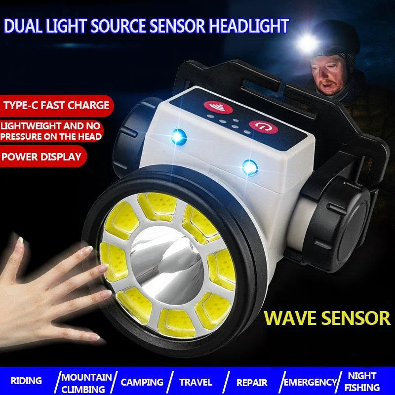 

USB Rechargeable Headlamp Smart Motion Sensor Hands-free Headlight Outdoor Waterproof Long Range Head Lamp Head Flashlight