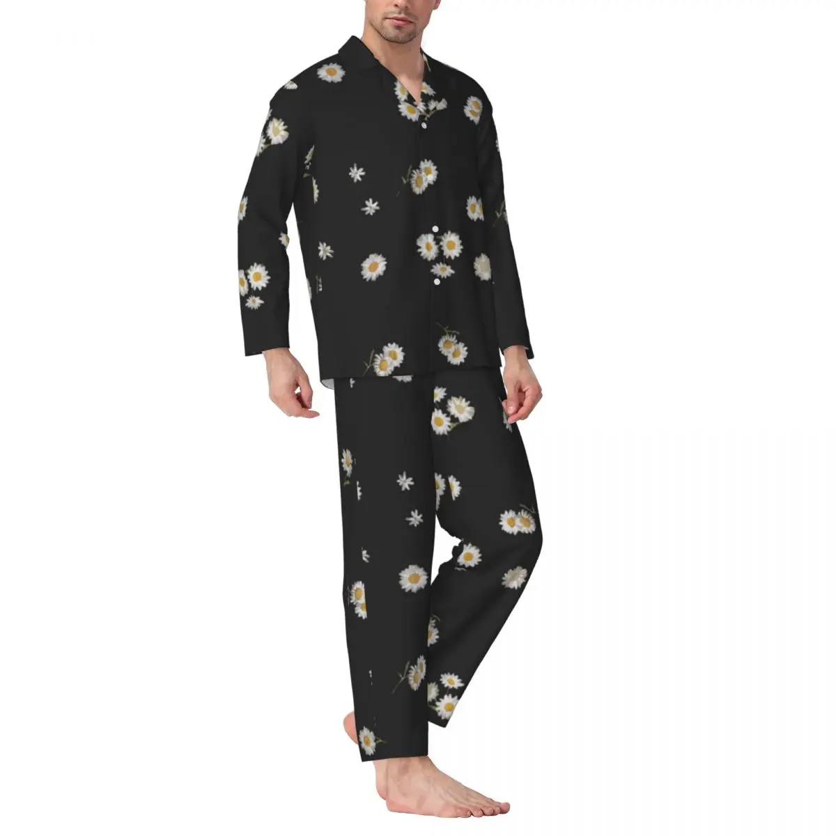 

Nature Daisies Pajama Sets Autumn White Floral Daisy Comfortable Daily Sleepwear Men 2 Pieces Retro Oversize Design Home Suit