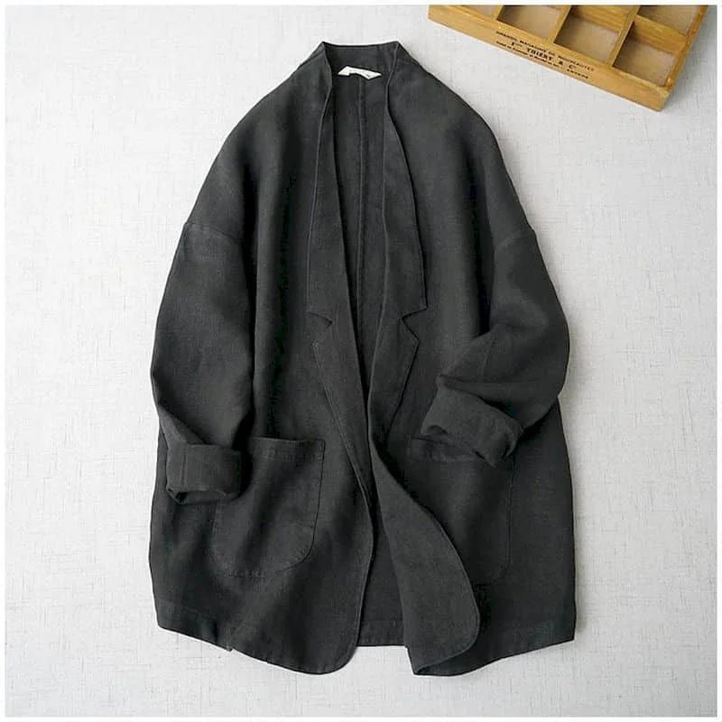 Blazers for Women Long Sleeve Casual Jackets Korean Style Cotton Linen Vintage Oversized Solid Tailored Collar Coats Women Tops