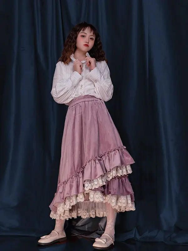 Winter Thick Sweet Faldas Mujer Irregular Elegant Long Skirt Japanese Style Kawaii Women Skirts Lace Ruffles Autumn